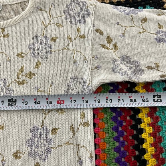 Vintage 80s Kate Collins Floral Metallic Pattern Wide Crewneck Knit Swea… - Picture 7 of 10